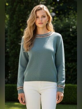 Vintage Eddie Bauer Teal Crewneck Sweater with Fair Isle Trim